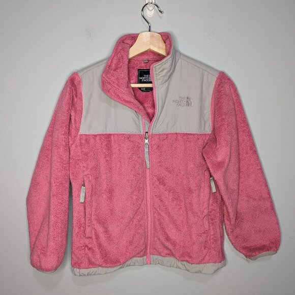 The North Face Denali Jacket Girls Medium Gray Pink Fleece Full Zip Fuzzy - Picture 1 of 11